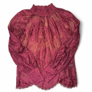 Ever New Burgundy Lace Sheer Blouse — XS Romantic High Neck Long Sleeve Top